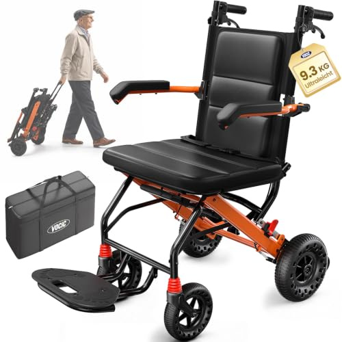 VOCIC U42 Rollstuhl Faltbar Leicht 9.35KG 2in1 mit Rollator | Transportrollstuhl bis 110KG, Selbstsicherungsbremse, Honeycomb Räder, Teleskopgriff, Stoßdämpfung, Aluminium|Sonnenorange