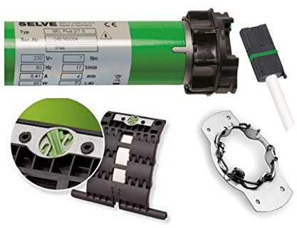 smarotech® Rollladen-Nachrüstset: Rohrmotor Selve SEL Plus 2/7 inkl. Einbruchschutz durch patentierte SecuBlock, Universallager, Anschlusskabel und SW 60 Adapter. (SEL Plus 2/7 mit 3 St. SecuBlock)