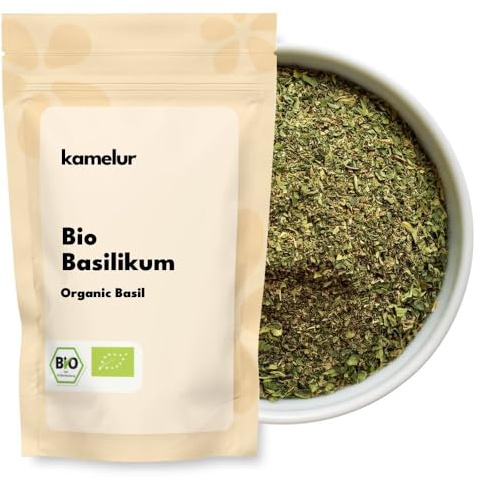 Kamelur 500g de Basilic BIO séché et râpé, sans additifs - l'épice BIO parfaite pour la cuisine italienne - dans un emballage biodégradable