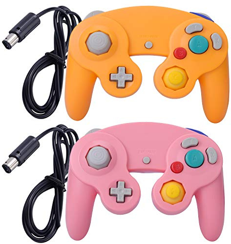 ONE250 Lot de 2 manettes filaires Classic Shock Joypad, compatibles avec Wii NGC Gamecube Game Cube (rose et jaune)