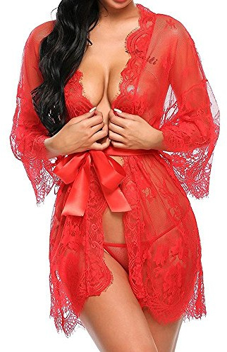 Tuopuda Femme Chemise de Nuit Sexy Dentelle Lingerie Pyjama en Dentelle Transparente avec G-String Robes de Chambre Vêtements de Nuit Nuisette Peignoirs de Bain, Rouge, M