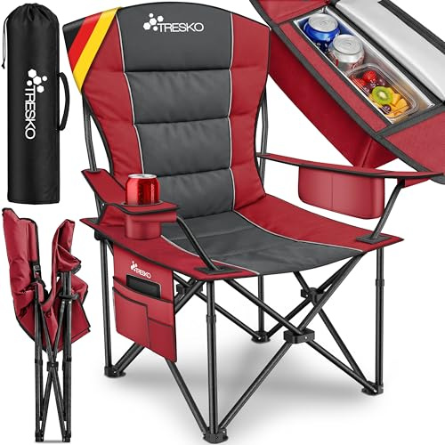TRESKO® Campingstuhl Faltbar bis 200 kg mit Kühltasche & Getränkehalter | Faltstuhl inkl. Seiten- und Tragetasche | Klappstuhl Gepolstert | Angelstuhl XXL für Outdoor, Angeln, Festival & Garten