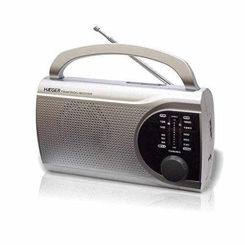 HAEGER Surround - Radio portatil Am/FM - AC/DC con asa de Transporte retráctil, conexión de Entrada para Auriculares, conexión a la Red eléctrica