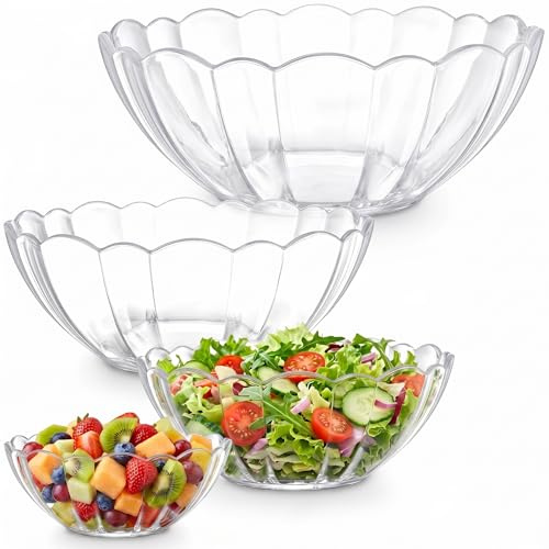 DEAYOU 4 Pack Clear Serving Bowls, Acrylic Salad Mixing Bowls, Party Snack or Chip Bowl, Break-Resistant Disposable Catering Bowls Punch Bowl for Entertain, Fruit, Vegies, 4 Sizes, Flower-Shape