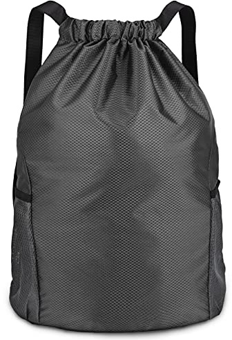 Dacitiery PE Bag Drawstring Gym Bag Sports Bag Drawstring With Outside Zipper Sack Bring Two Side Pockets,Large Backpack (Black)