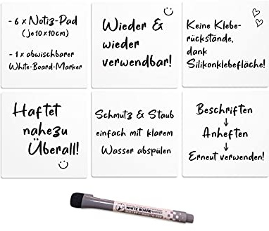 6 x självhäftande anteckningslappar inklusive 1 penna med fixeringsmagnet – inga självhäftande rester, tack vare silikonlimyta – fäster överallt – 10 x 10 cm – whiteboard-anteckning – anteckningsblock – tvättbar (1)