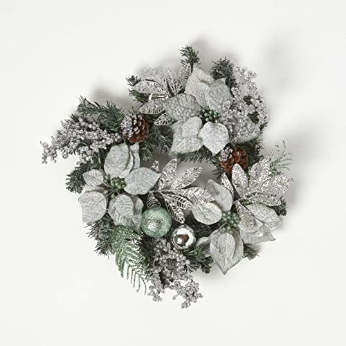 HOMESCAPES Künstlicher Weihnachtskranz in Silber und Mintgrün, 45 cm, Türkranz Weihnachten mit Kugeln, Zapfen und Weihnachtssternen
