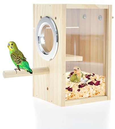 CooShou Bird Nest Box Parakeet Breeding Nest Box Bird Nest House Wooden Acrylic Transparent Breeding Box for Finch Lovebirds Cockatiel Budgie Conure Parrot