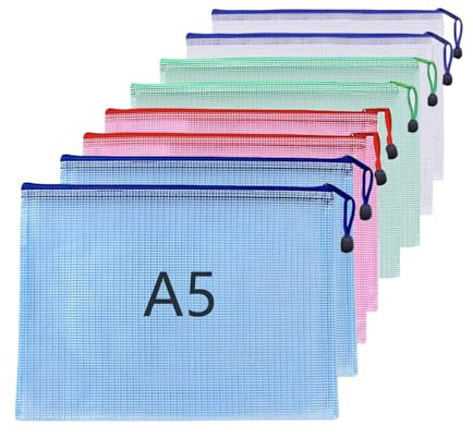 ojussa A5-Ordner, Dokumententasche, Transparent mit Reißverschluss und Seilhaken, Rosa, Weiß, Blau, Grün, A5, 8 Stück