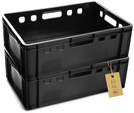 BirnePower Fleischerkiste Fleischkiste Eurofleischerkiste E2 Stapelkiste Kiste Eurobox Lagerkiste Metzgerkiste Box 60x40x20 cm (Schwarz, 2)