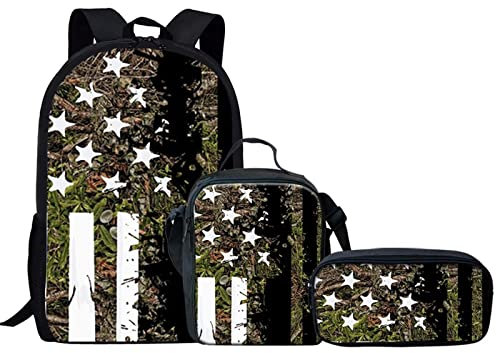 Jeiento School Backpack with USA Flag Branch Leaves Pattern Durable Kids Teens Backpack 3PCS Set with Washable Easy Wipe Out Lunch Tote Bag Pencil Bag