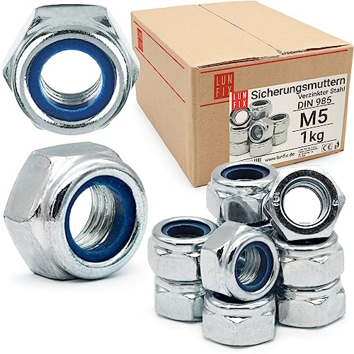 Sicherungsmuttern M5 1 kg ca.1100 Stk DIN 985 Nylonring verzinkter Stahl | Selbstsichernde mit Stopmuttern Sechskantmuttern