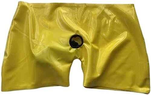 IDOBLO Männer Natürliche Fetisch-Latex-Shorts, Gummi-Unterwäsche Mit Rollrand-Loch Und Anus-Penis-Kondom,Gelb,XXL