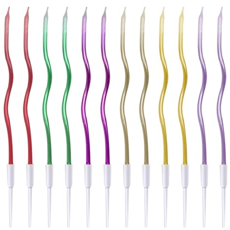 Birthday Cake Candles, 12pcs Spiral Birthday Candles, Long Thin Cupcake Candle, Metallic Cake Candles with Holder for Wedding Baby Shower Party Decoration