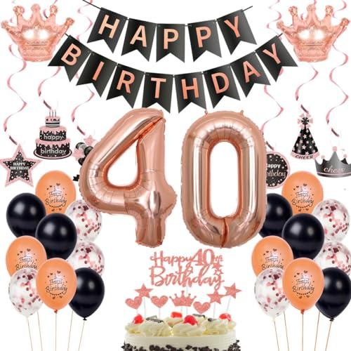 Decoration Anniversaire 40 ans or rose noir,Ballon 40 or rose,Ballons 40 anniversaire Femme,anniversaire 40 ans Femme or rose noir, 40 ans Décoration anniversaire Femme,Décoration fête 40 ans
