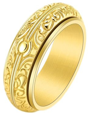 Gualiy Edelstahlring Männer, Gold Fidget Ring Anxiety 8MM Vintage Blume Drehbar Ringe Größe 52 (16.6)