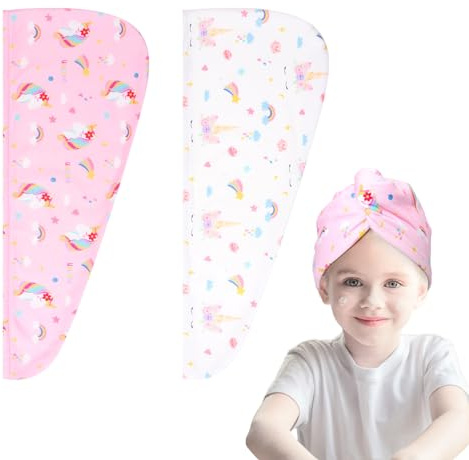 Xialvyu 2 Pack Microfibre Hair Towel Wrap for Kids Rapid Drying(White+Pink)