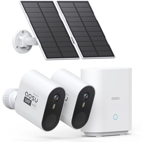 aosu 3K/5MP Solar Security Cameras Wireless Outdoor Home Surveillance System, 166° Ultra-Wide-Angle, HD Color Night Vision, Spotlight & Siren Alarm, Motion Alert, No Subscription Required, 2-Cam-Kit