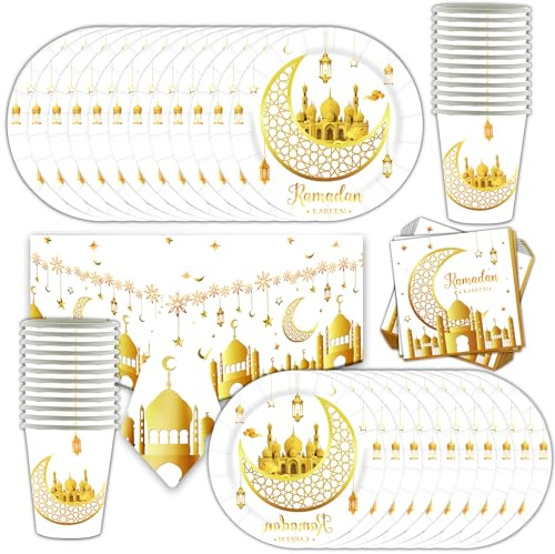 Lot de 73 pièces de vaisselle de fête du Ramadan Eid Mubarak - Accessoires de fête sur le thème du Ramadan - Assiettes de 22 cm - Tasses, serviettes, nappe - Fournitures de fête pour invités - Blanc