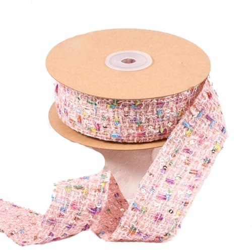 Yurosiay 10Yard Kariertes Band Breit Vintage Kariert Schleifenband Französischer Stil Dekoband Kariert Bunt Stoff Geschenkband Mit Pailletten Karoband Zierband für DIY Basteln Nähen Rosa 3.8cm