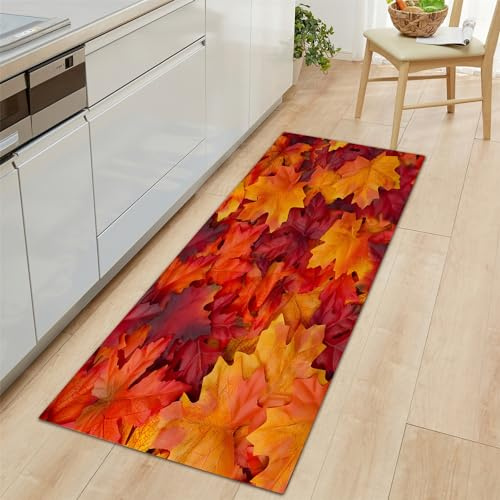 Teppich Läufer 40x120cm rutschfest Küchenteppich Orange, Pflanzen Sie Ahornblattstreifen Teppich Läufer, Küchenteppich Läufer Fußmatte Lang Flur Teppich Waschbar
