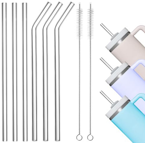 8pcs Glass Straws for Stanley Cup 30oz, 40oz Drinking Straws for Stanley Cup 31cm Extra Long Reusable Straws for Stanley, Washable (3 Straight + 3 Curved) Transparent Straw with 2 Cleaning Brushes