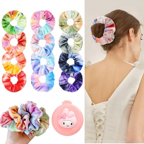 12 Piezas Elásticas Terciopelo para el pelo,1 Cepillo de Pelo de Viaje con Espejo, Bandas para el Cabello Velvet Elástico Scrunchy, Coleteros estilo scrunchie de terciopelo,Mini Cepillo Portátil