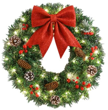Amagogo Ghirlanda Natalizia Illuminate con luci a LED, Corona di Natale per Porte, Decorazione Natalizie Interno e Esterno, Decorativa con Fiocco per Camino, Pareti, l'ingresso della Porta, 40 Cm