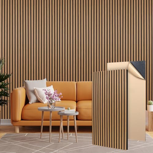 GUUSII HOME Akustikpaneele Holz 4 Stück Selbstklebend Holzpaneele Wand Akustikplatten 120x60cm Acoustic Wall Panels Schallschutz Lamellenverkleidung Schallabsorber Eiche Wandpaneele auf Filz