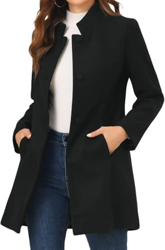 Mujeres De Invierno De Longitud Media De Un Solo Pecho Stand Cuello Abrigo Otoño Slim Fit Moda Tweed Abrigo Casual De Negocios con Bolsillos De Manga Larga Trench Coat (Negro,XXL)
