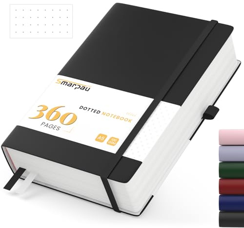 Smarpau Notizbuch A5 Gepunktetes, Hardcover Journal mit 360 Seiten Papier | 100gsm Dickes Papier, Tagebuch Journal für Erwachsene Arbeit, Schreiben, Notizen, Lernen, Reisen, 14.5 x 21 cm-Schwarz
