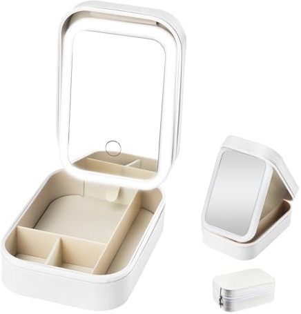 Trousse à Maquillage avec Miroir Lumineux, Boîte à Bijoux, Lumière LED 3 Couleurs, LED Makeup Organizer Sac à Cosmétiques, Trousse de Maquillage de Voyage, 16.5*11.5*6cm Sac de Rangement Portable (B)