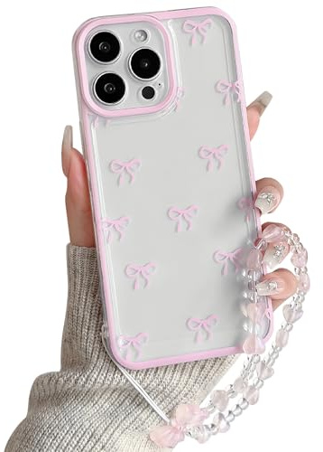 NITITOP for iPhone 14 Pro Max Case Cute Clear Bow Chain,Pink | for Women Girls, Aesthetic Bowknot Ribbon Design, with Wrist Strap, Soft TPU Shockproof Cover, Full Camera Protection