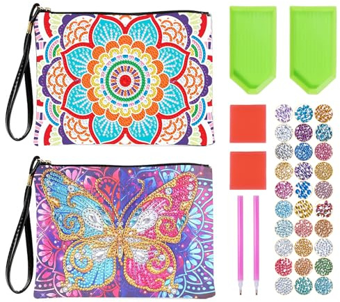 Carehabi Diamond Painting Lot de 2 trousses de maquillage DIY avec strass - Sac de poignet pour femme - Sac de maquillage pour les voyages, la vie quotidienne, motif mandala et papillon