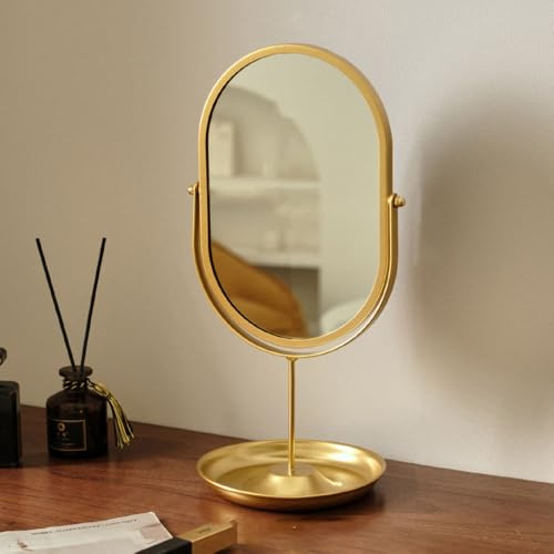 Hosoncovy Metallrahmen Schreibtischspiegel mit Ständer, Tisch-Make-up-Spiegel mit Ablageschale, oval, freistehend, für Badezimmer, Schlafzimmer (Gold)