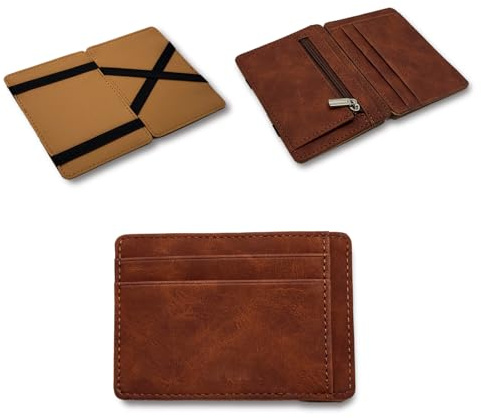 RisePlus Portafoglio Slim con Portamonete ， Mini Portacarte Uomo Donna ， Porta Carte di Credito Compatto, Portatessere Leggero ed Elegantecon Funzione Magica（Marrone）