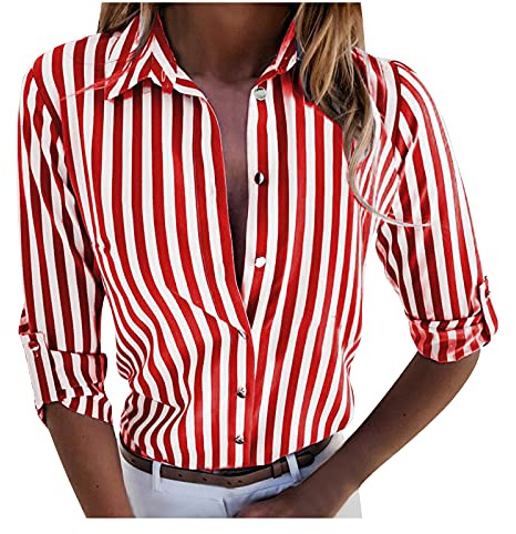 Generico Camicie Donna Estive - Blusa Elegante Donna Curvy Maniche Lunghe Colletto A Revers con Bottoni Camicette Slim Fit Stampa A Righe Comodo E Leggero Casual da Lavoro Ufficio Camicette