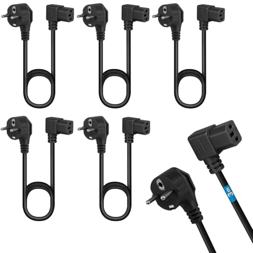 Lot de 5 Câbles Cordons d’Alimentation 3m pour Appareils - Prise CEE 7/7 Schuko vers IEC 320 C13 coudé, pour PC, Moniteur, écran d'ordinateur, vidéoprojecteur, appareils ménagers