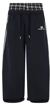 Aelfric Eden Karierte Patchwork Jogginghose Herren Plaid Patchwork Hose Damen Freizeithose Casual Sporthose Double Waist Baggy Hosen Streetwear Sweatpants Dunkelblau, XL