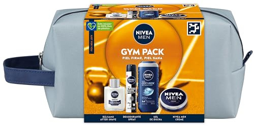 NIVEA MEN Pack Cuidado Completo Neceser, Set de regalo para hombre con crema facial 75 ml + gel de ducha 250 ml + bálsamo after shave100 ml), desodorante spray 200ml