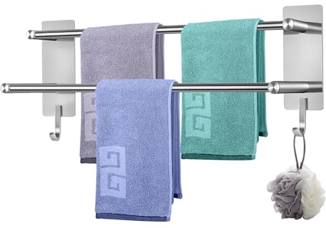 Sampoes Handtuchhalter Ohne Bohren, 70cm Handtuchhalter Selbstklebend, 2 Stufiger Handtuchstange Edelstahl mit Haken, Wasserdicht Rust Handtuchhalter Wand für Badezimmer Küche, Silber
