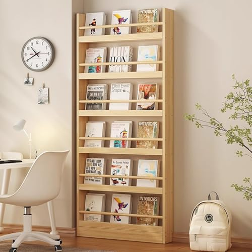 KIZYRQ Bücherregal Kinder, Wandregal mit 6 Ablagen, 70x10x178cm Kinderregal für Bücher Spielzeug, Hängeregal Dekoregal, Lagerung Bücherregal Rack Wand Spielzimmer für Kinder und Erwachsene Holzfarbe