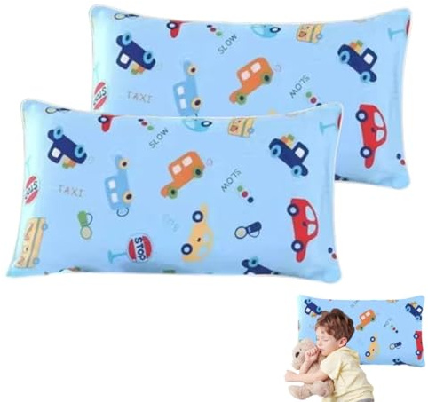 OUDQFCJ 2 pcs Funda de Almohada Infantil 100% Algodón con Cierre de Solapa para Bebés y Niños Pequeños, Cojines para Cuna y Carrito de Bebé (Vehículos)