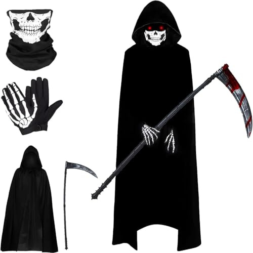 Suaflny Déguisement faucheur, Costume d'halloween, Halloween Capuche Cape Noire avec Halloween Faucille Masque d'horreur et des Gants de crâne pour halloween Décoration Faucheuse (B)