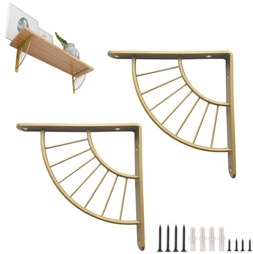 HDEYRSX 2 Stück Regalhalterungen Fächerförmig Schwerlast Regalwinkel 90 Grad Regalträger,Metall Schwimmenden Halterungen für die Wandmontage,Küche,Wohnzimmer,mit Schrauben (30CM,Gold)