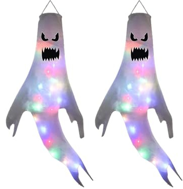 Set di 2 decorazioni di Halloween Fantasma - Sacchetti da 120 cm con LED multicolori per interni ed esterni, finestre, giardini, porte, feste