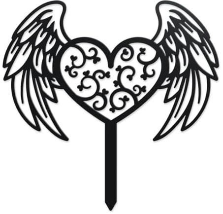 WADORN Heart Wings Metal Decorative Garden Stakes, Heart Angel Wings Silhouette Metal Outdoor Statues Black Weatherproof Memorial Plaques Decorations for Outdoor Backyard Patio Lawn Walkways
