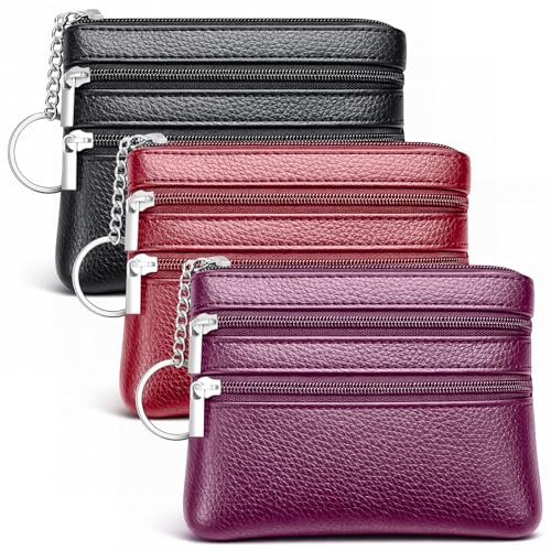 3 Pcs Leather Coin Purse, PU Coin Purse for Men Women, Portable Change Pouch for Credit Card Folded Bills Id Card Keys Headphones Lipstick(Black, Purple, Burgundy)