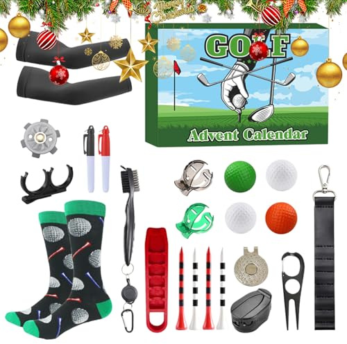 Fangfhai jul nedräkningskalender, bärbar golf verktygssats - 24-dagars samlarobjekt t-tröjor bollar markörer - för nybörjare semester pojkvän make entusiast far man pappa vuxna