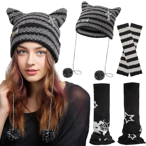 Katzenohren Beanie, Stulpen Damen, Lange Fingerlose Handschuhe Y2K dreiteiliges Set, als Trendige Geschenkidee, Fairy Grunge Beanie, Leg Warmers & Damen Armstulpen , Festival, Party, Streetwear